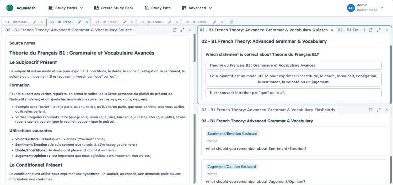 Current AquaMesh interface showing a student math dashboard with knowledge widgets
